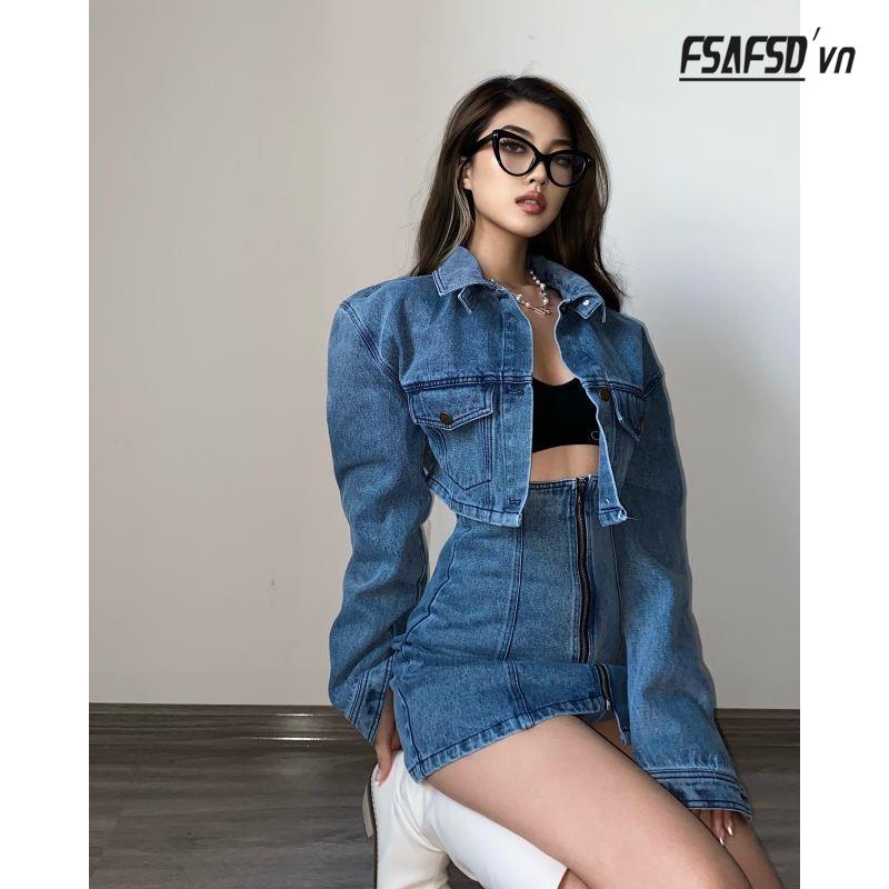 Set Áo Khoác Denim Dáng Ngắn Phối Chân Váy Lưng Cao Có Khóa Kéo Thời Trang Mùa Thu Cá Tính Cho Nữ