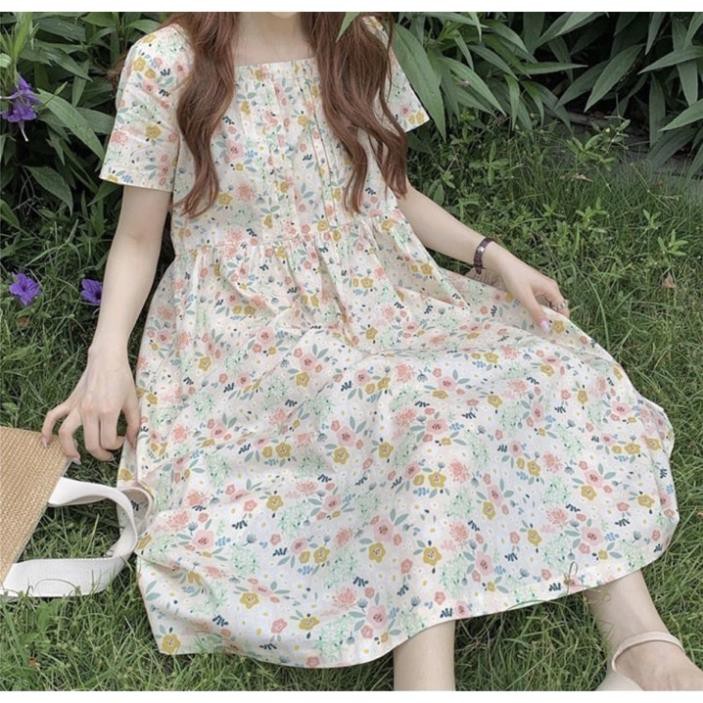 Đầm [Liamstores] Váy Babydoll Ulzzang Hoa Nhí Xếp Ly Ngực ( Màu Hoa Be Một Màu)