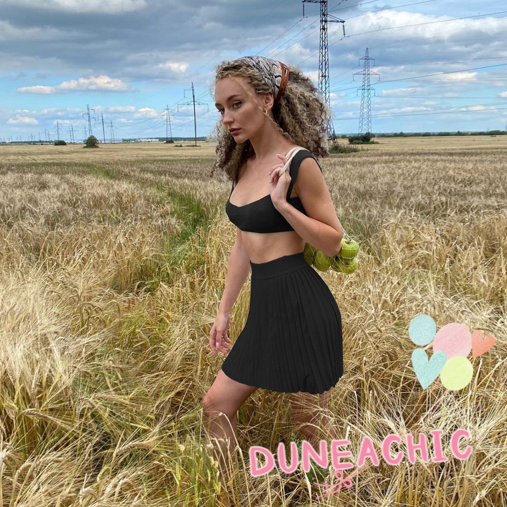 DUNEA Set đồ gồm áo lửng 2 dây và chân váy xếp ly quyến rũ dành cho nữ