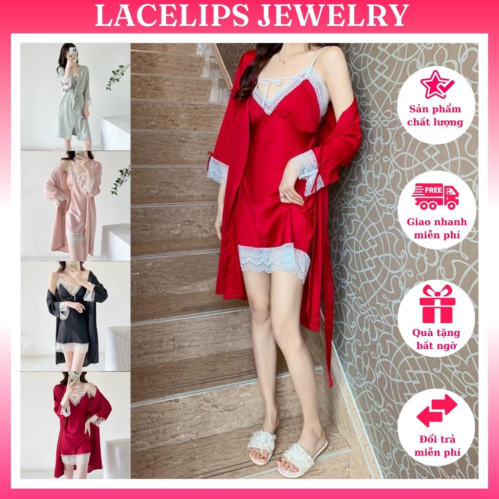 Váy ngủ sexy nữ gợi cảm LACELIPS chất ren voan cao cấp gồm váy 2 dây và áo choàng_Mã 219
