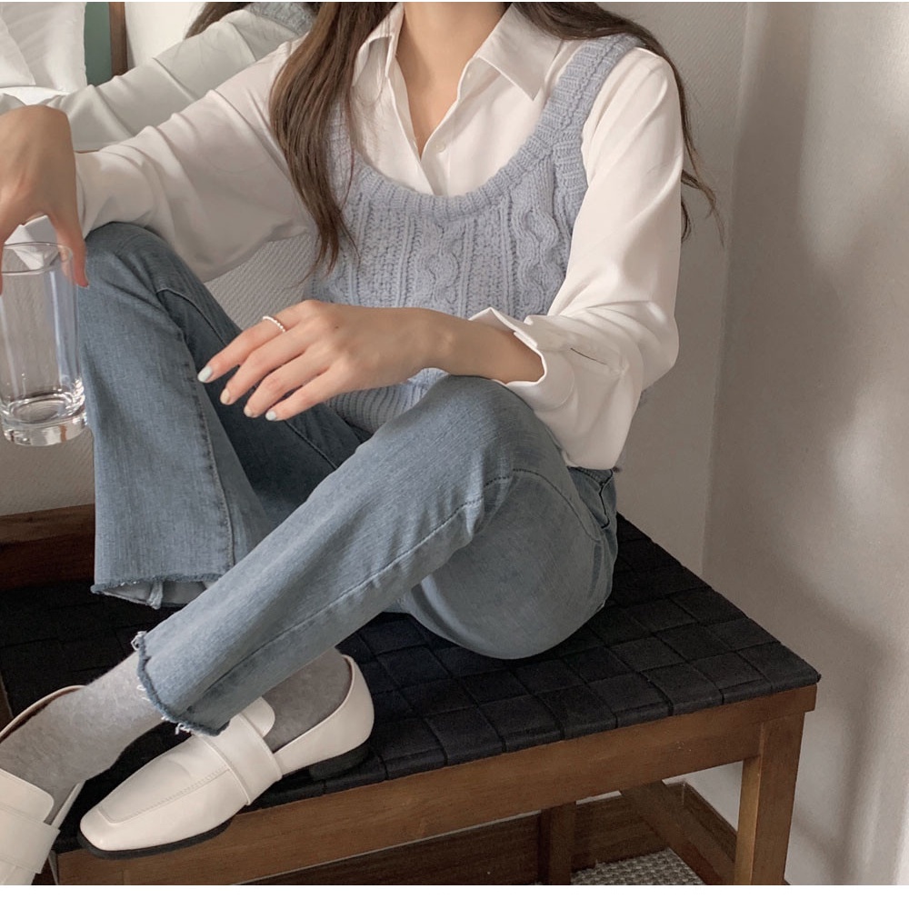 Áo Sơ Mi Trắng Tay Dài Dệt Kim Đơn Giản Dễ Phối Đồ 48721