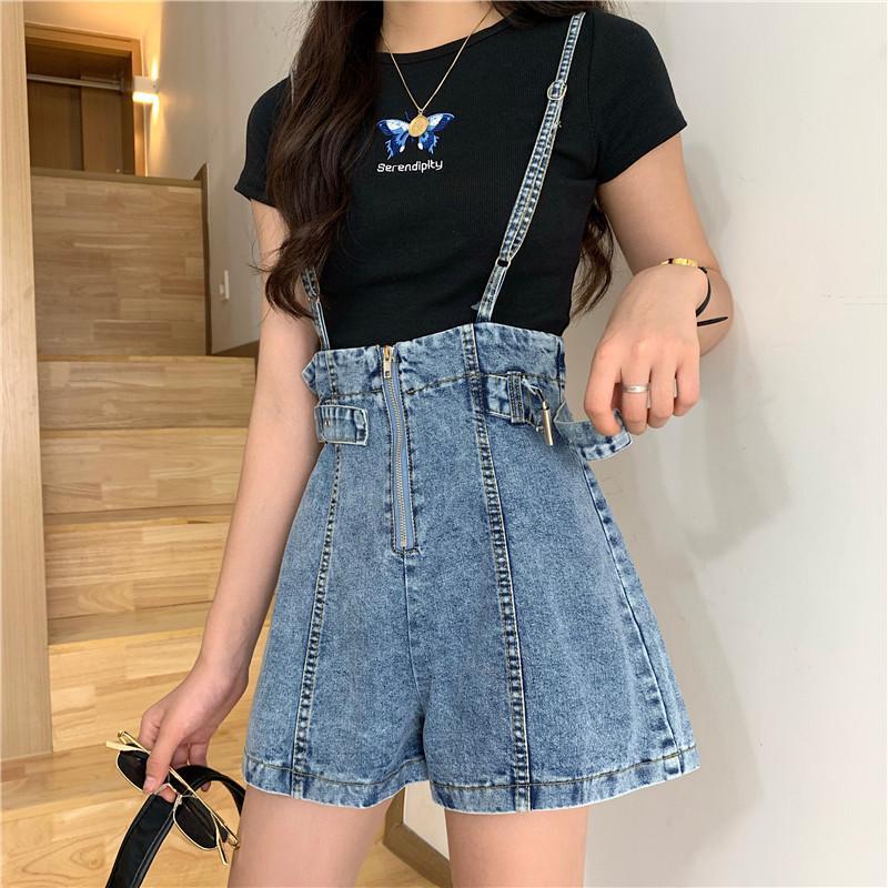 Quần yếm denim ngắn lưng cao phối khóa kéo thời trang