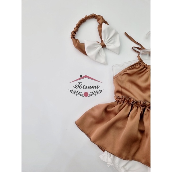 Set bộ yếm lụa nơ lưng nâu tây cao cấp siêu cưng - Tocxumi