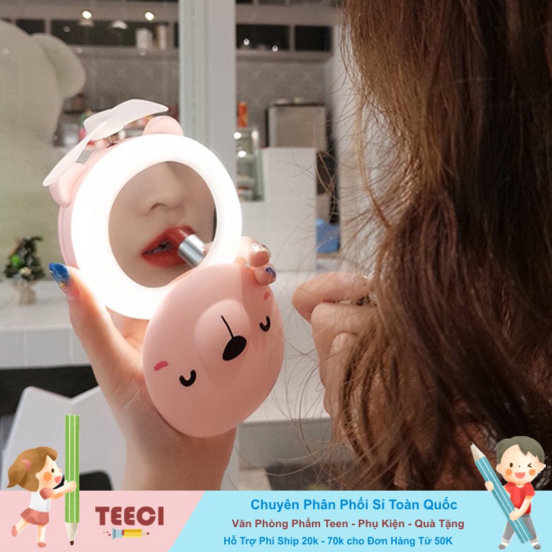 &lt;Tặng Sticker&gt; Gương Tròn Cầm Tay Mini Bỏ Túi  Có Đèn Kiêm Quạt Hàn Quốc Lợn Sữa Cute U212