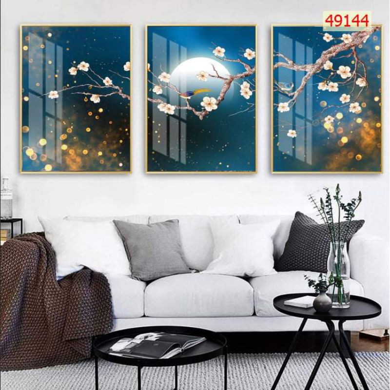 combo bộ 3 bức tranh dán tường 3d in Vải Lụa phòng khách