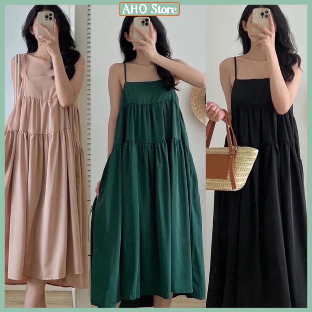 Váy Nữ Hai Dây Dáng Suông Xòe 3 Tầng Đầm Nữ 2 Dây Xanh Lá Hottrend Freesize Phong Cách Hàn Quốc