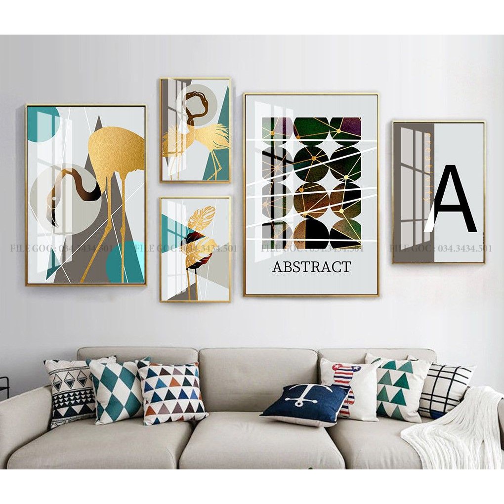 Bộ 5 Tranh Treo Tường Tranh Tráng Gương Nghệ Thuật Trừu Tượng Hình Học Sếu Hạc Trang Trí Phòng Khách - Melyhome Decor