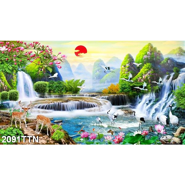 Tranh dán tường 3D sơn thủy hữu tình , phong cảnh, thác nước nhận in theo kích thước yêu cầu - 2091TTN