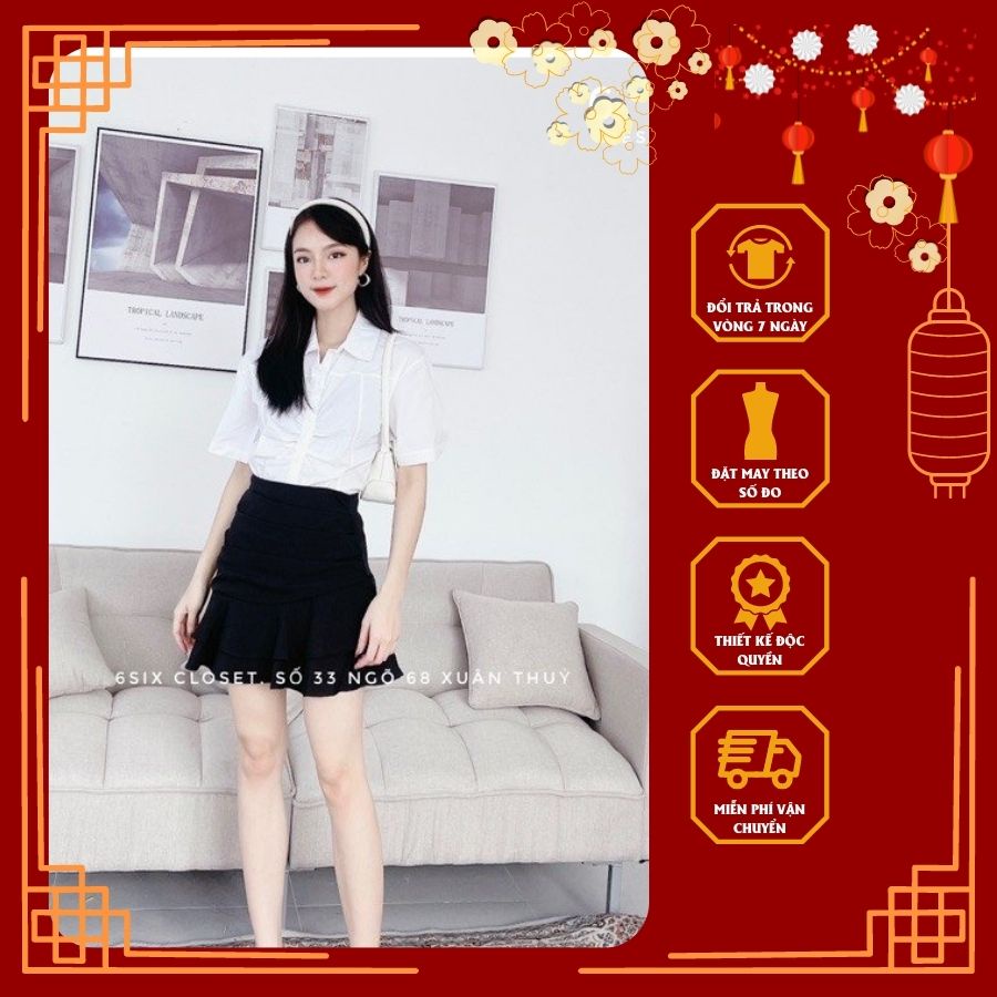 Áo sơ mi trắng cộc tay thiết kế rúm ngực thời trang công sở 6SIX closet