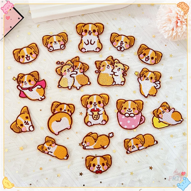 ♚ Corgi - KaKa & NaNa Miếng Vá Bằng Sắt ♚ 1 Sticker Ủi Thêu Hình Chú Chó Dễ Thương