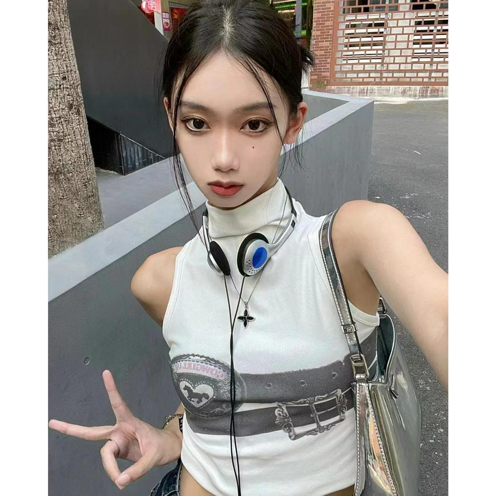 QADCOL Áo Tank Top Cổ Cao Màu Trắng In Họa Tiết Thời Trang Quyến Rũ Kèm Dây Đeo Bên Trong Cho Nữ