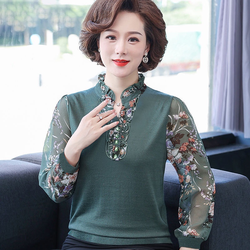 ❆✧Size lớn mẹ mặc áo thun dài tay phụ nữ 2021 mùa xuân và thu mới phong cách nước ngoài sơ mi phía dưới trung niên cao t | BigBuy360 - bigbuy360.vn