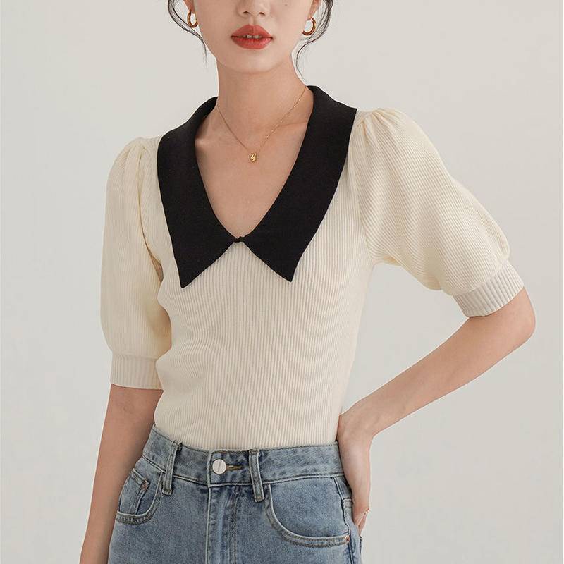 Áo Dệt Kim Tay Phồng Cổ polo Dáng Ôm Thời Trang Pháp Cổ Điển Cho Nữ