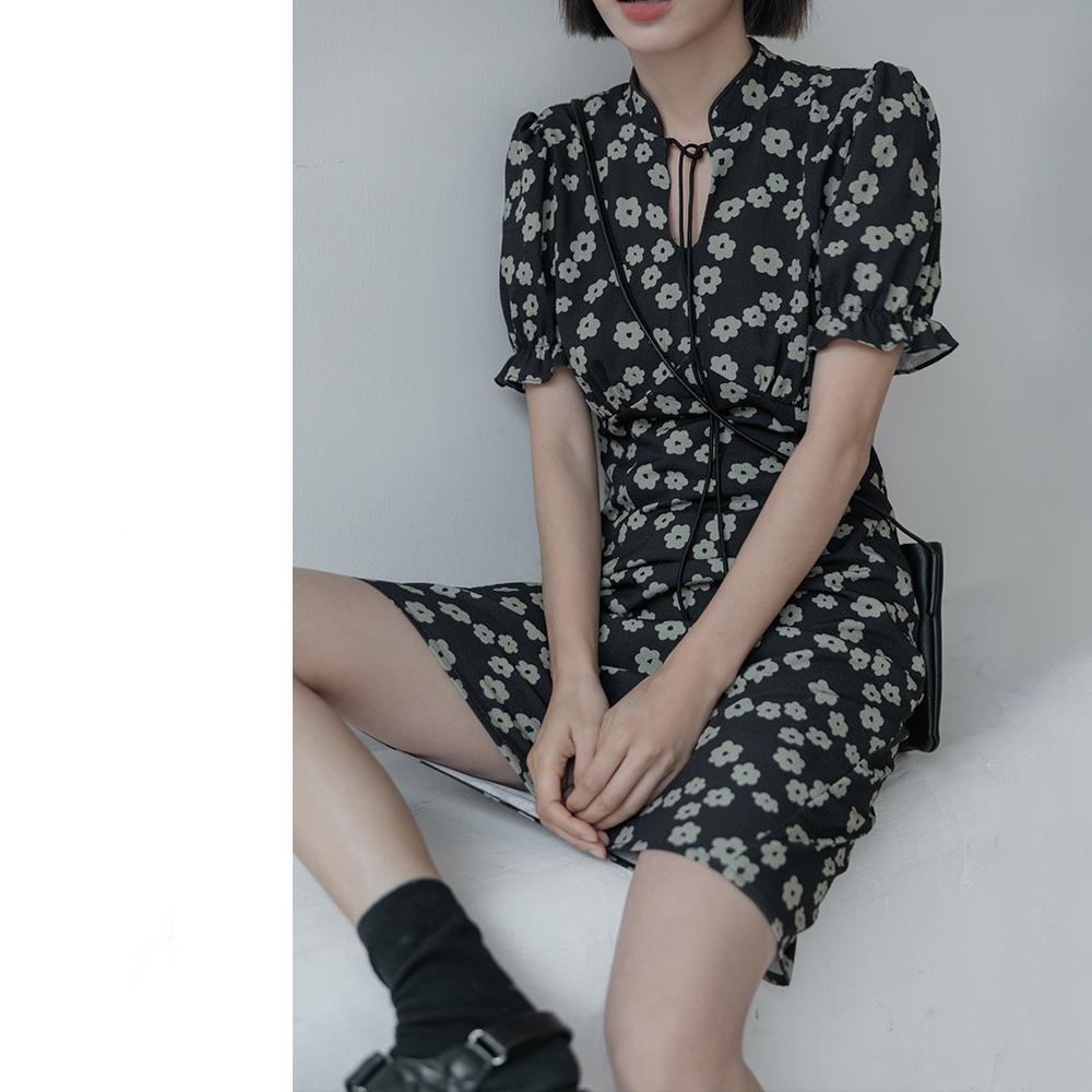 Đầm Sườn Xám Cách Tân Tay Phồng Ngắn In Hoa Thời Trang Mùa Hè Hàng Mới Dành Cho Bạn Nữ 2021