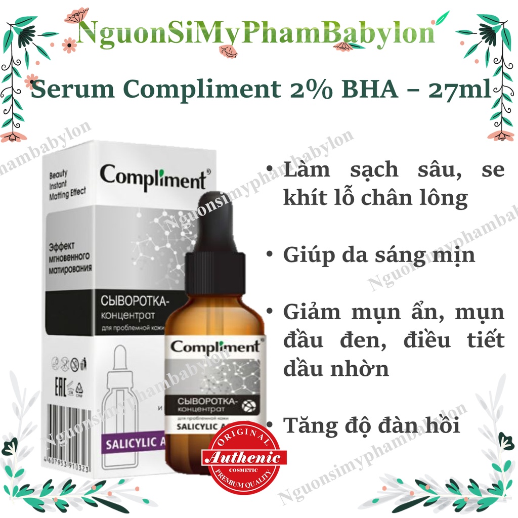 Serum Compliment 2% BHA 27ml giúp thu nhỏ lỗ chân lông, hồi phục da