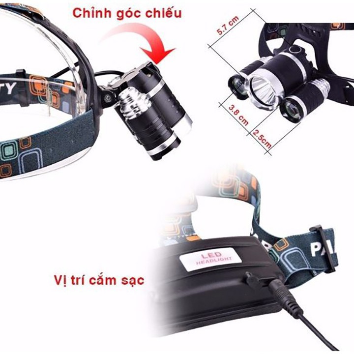 Đèn Pin Đội Đầu 3 Bóng Led T6- Siêu Sáng Kèm 2 Pin Và Sạc, Đèn Pin Sạc Đeo Trán 5 Bóng Dã Ngoại Leo Núi FERADO