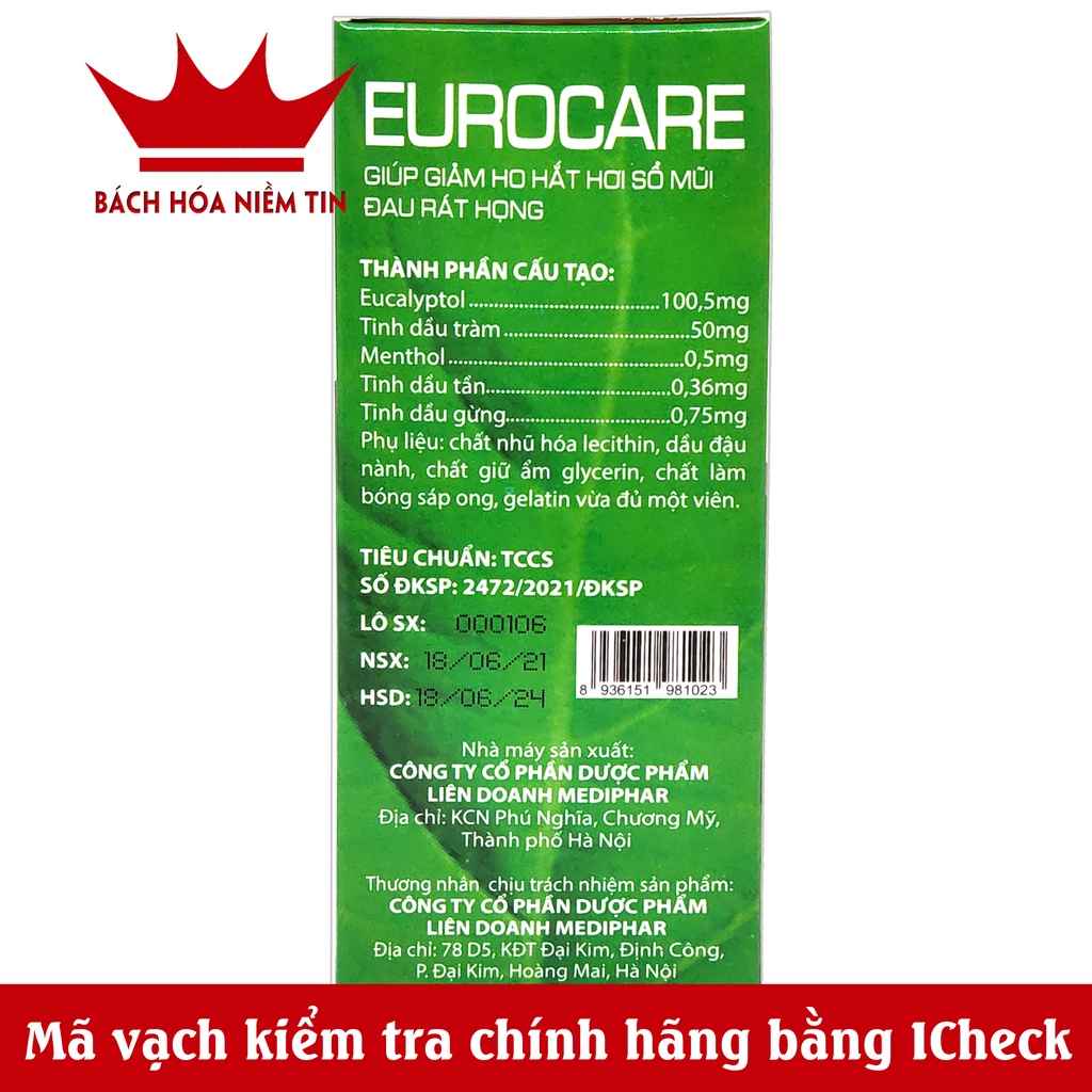 Viên uống giảm ho, giảm đau rát họng EUROCARE- thông mũi họng từ tinh dầu tràm, tinh dầu gừng, giảm ho hiệu quả 100 viên