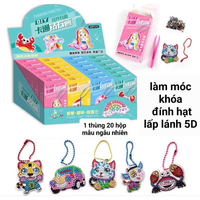 SỈ: THÙNG GỒM 20 HỘP TỰ LÀM MÓC KHÓA NHỰA  ĐÍNH HẠT ĐÁ 5D LẤP LÁNH DIY (Đính hạt  lên charm nhựa acrylic), có clip