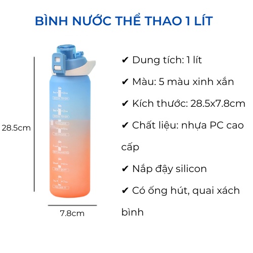 Bình Nước 1L, 2L Dễ Thương Có Vạch Báo Giờ Uống Nước Có Ống Hút -Avita