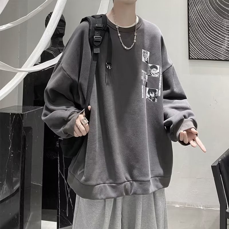 Áo Sweater Tay Dài Dáng Rộng In Hình Anime Màu Trắng Đen Thời Trang Mùa Thu Cho Nam Và Nữ