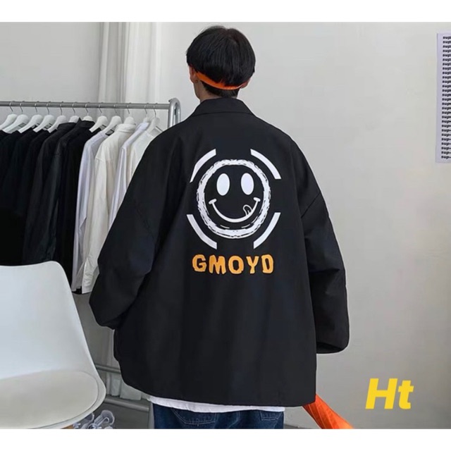 Áo sơ mi đen dài tay in mặt cười lưng GMO