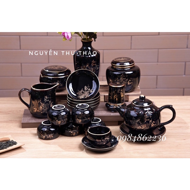 Bộ ấm chén vẽ cảnh vàng kim Bát Tràng - Bộ ấm trà đẹp