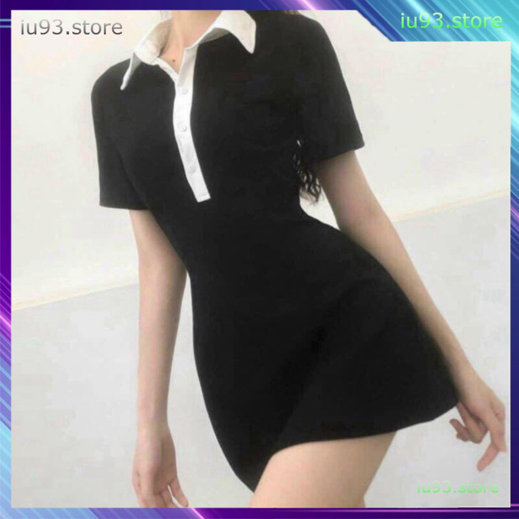 {SP mới - sẵn} -  Đầm Polo Nữ Đen Xòe Dáng Ôm 💎 Váy Polo Nữ Cổ Phối Trắng Chất Borip Dáng Chữ A Ngắn Body 💎 - iu93.sto | BigBuy360 - bigbuy360.vn
