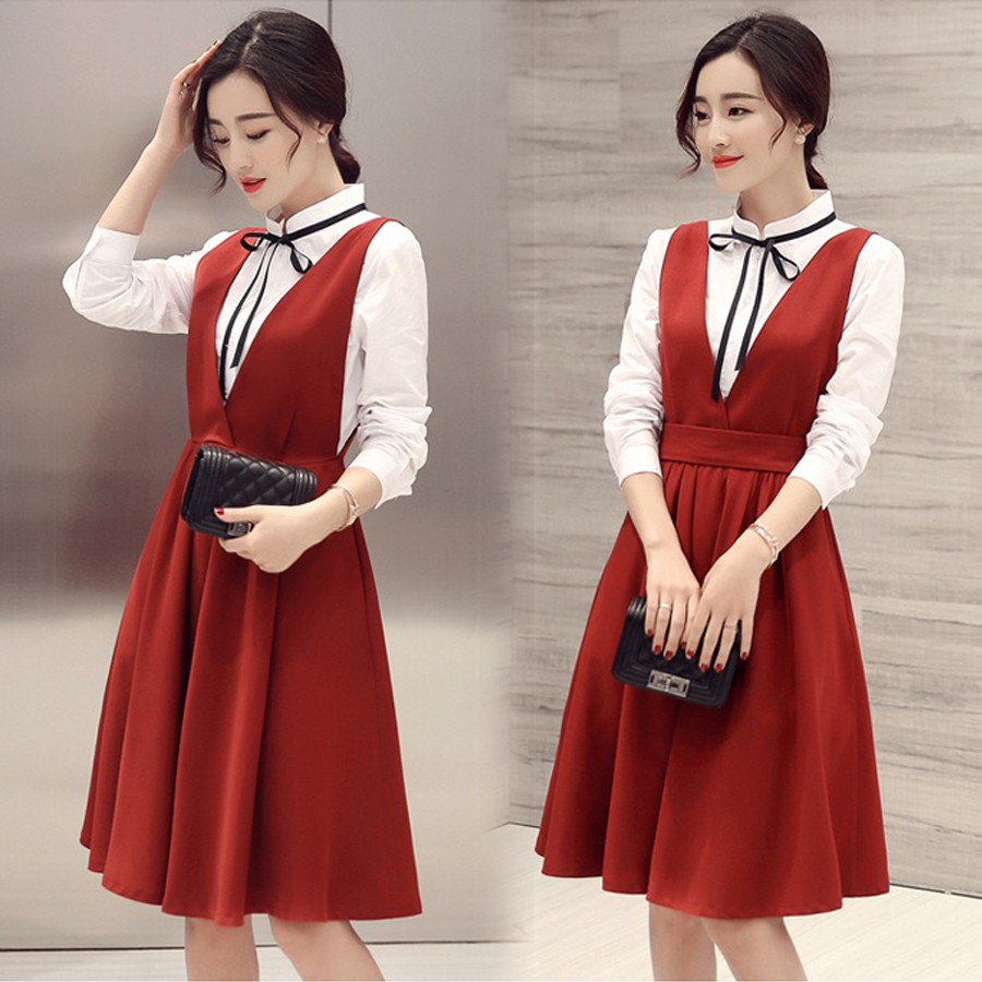 Váy liền phối áo trắng dáng xòe, cổ nơ cho người béo