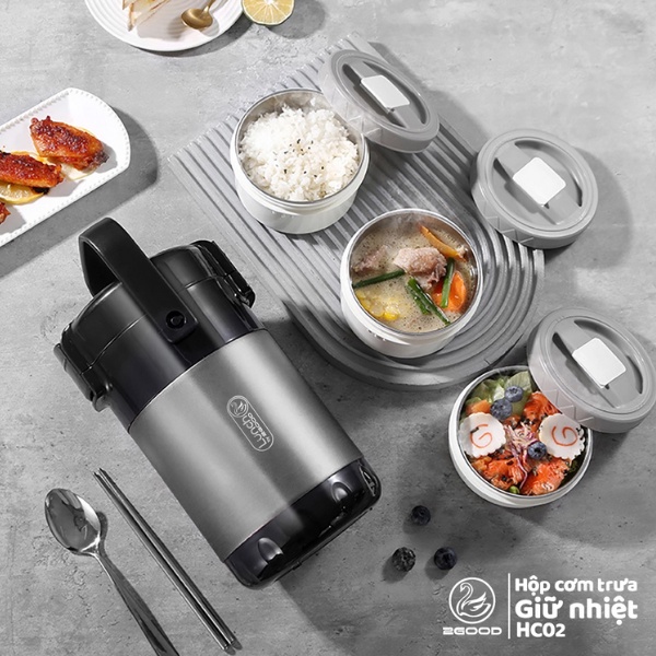 Hộp cơm giữ nhiệt 2GOOD HC-02 (2 lít), Hộp Cơm Văn Phòng 3 Ngăn Độc Lập, GIỮ NHIỆT CẢ NGÀY - Kèm muỗ