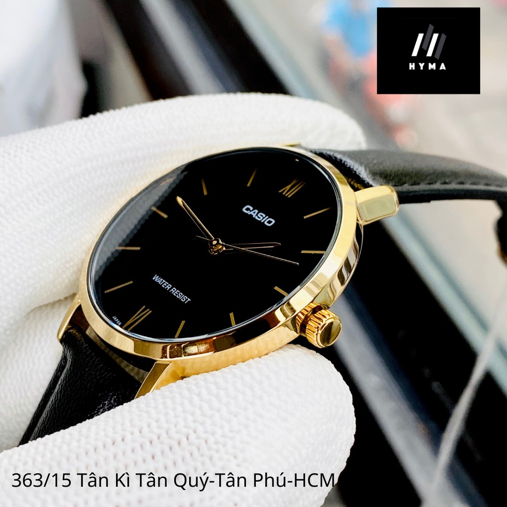 Đồng hồ nữ đẹp dây da viềng vàng Casio LTP VT01GL Mặt đen trắng Size 34mm chống nước 3ATM Bảo hành 1 năm Hyma watch