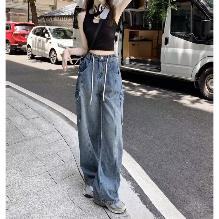Daduhey Quần jean ống rộng phối nhiều túi thời trang Hàn Quốc cho nữ