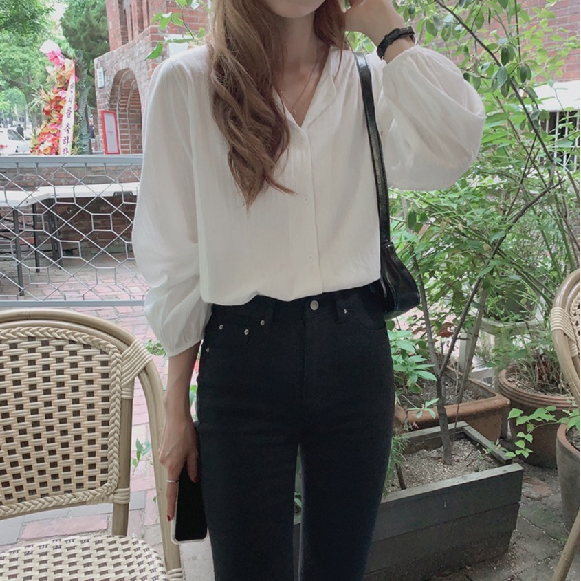 Áo tay dài cổ V màu trơn đơn giản thanh lịch cho nữ 35480