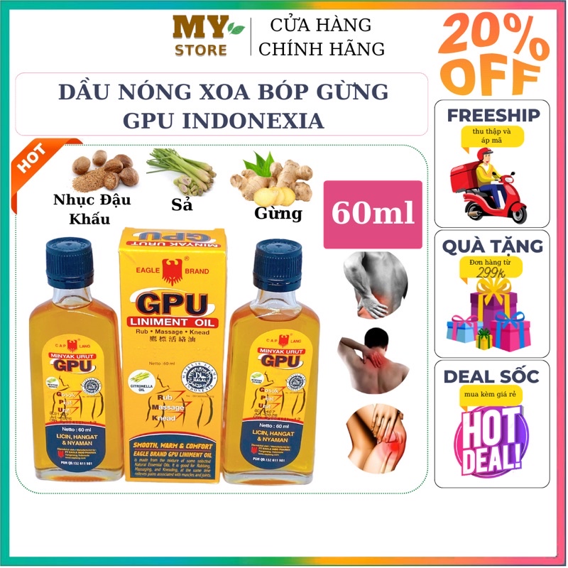 (Chính Hãng) Dầu Nóng Xoa Bóp Gừng GPU Indonexia 60ml