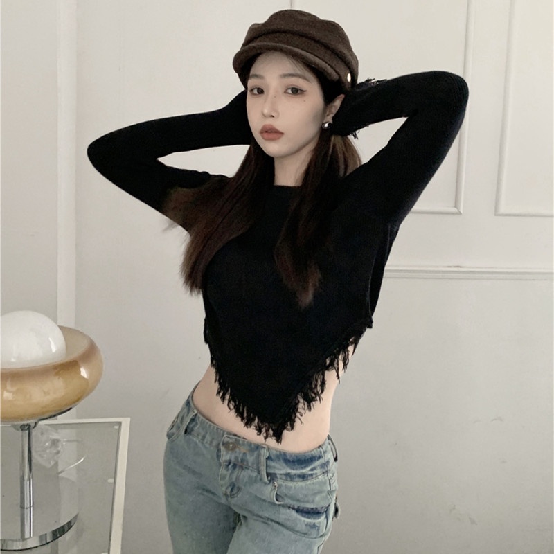 Áo Sweater Tay Dài Cổ Tròn Phối Tua Rua Thời Trang Mùa Thu Cho Nữ