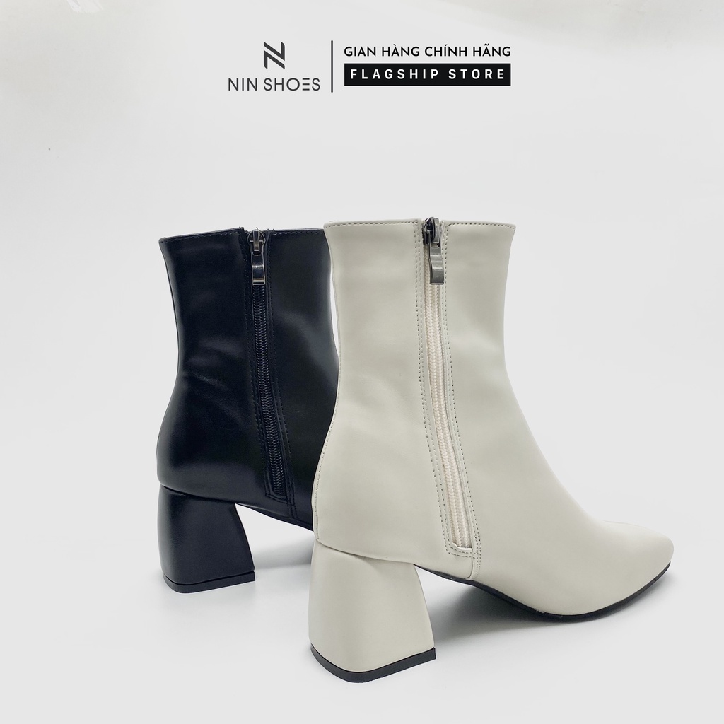 Giày boot nữ cao 5p QCCC cao cổ kéo khóa hông gót vuông da si Ninshoes | BigBuy360 - bigbuy360.vn