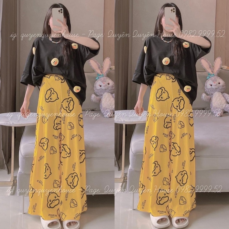 Set áo thun cotton vịt đính quần suông gân xinh xắn