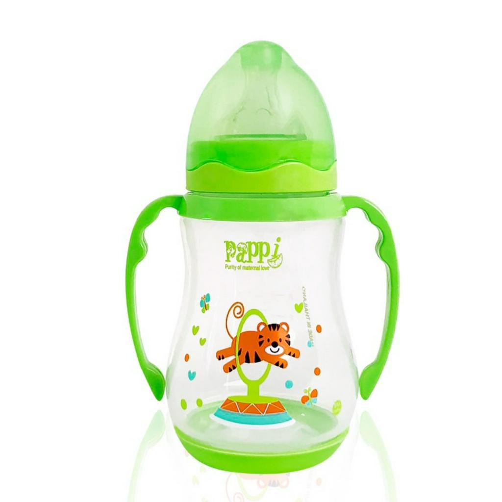 Bình sữa cho bé trên 3 tháng tuổi nhựa PP an toàn, Thiết kế cổ rộng Có tay cầm 250ml Pappi, hàng Thái Lan