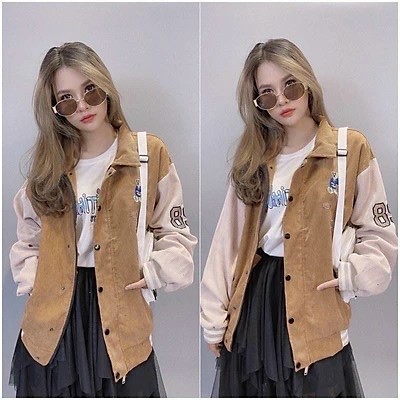 Áo Khoác Bomber Jackets kaki Nhung Tăm Cổ Bẻ Thêu GẤU 89 Form Rộng Unisex Nam Nữ Ulzzang