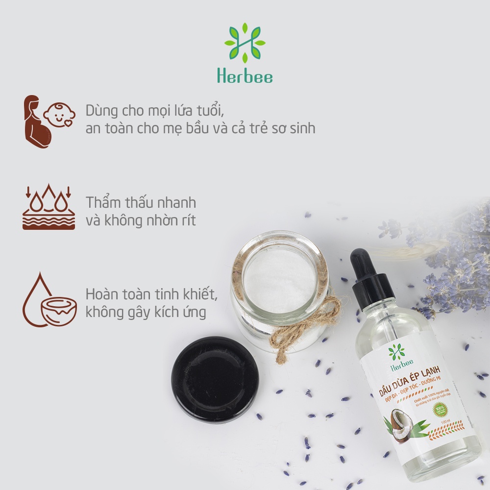 Dầu Dừa Ép Lạnh Herbee 100ml, Massage Cho Trẻ Sơ Sinh, Làm Mờ Vết Rạn Da, 100% Chiết Xuất Tự Nhiên