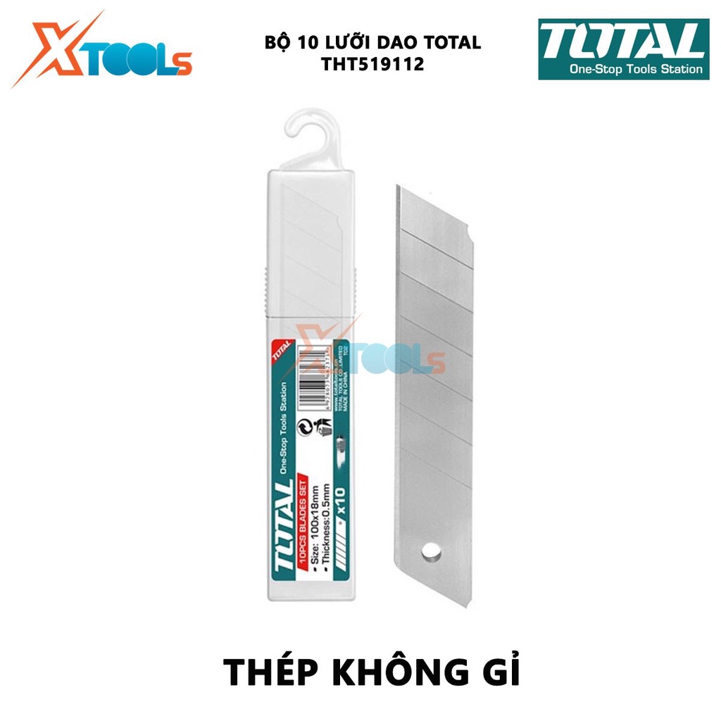 Bộ 10 lưỡi dao rọc giấy TOTAL THT519112 | Bộ lưỡi dao rọc giấy Size: 18x100mm, dùng để rọc giấy, cắt bìa carton, v.v.  [