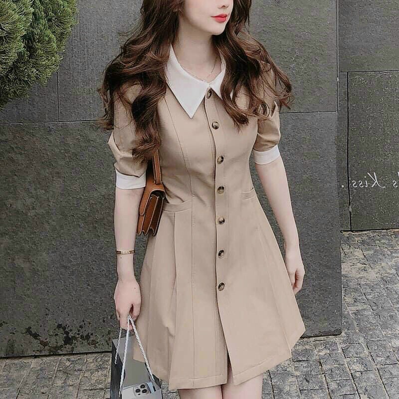Đầm sơ mi nude phối cổ trắng thanh lịch, dễ thương TANA D456