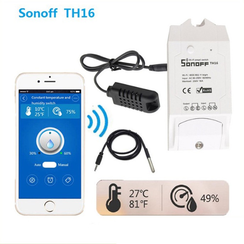 Công tắc thông minh Sonoff TH16 điều khiển từ xa qua WiFi 3G 4G hỗ trợ cảm biến nhiệt độ ẩm SI7021 DS18B20 AM2301 DHT11