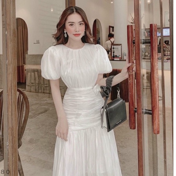 Đầm Dự Tiệc Nhún Eo Màu Trắng Vintage Cao Cấp