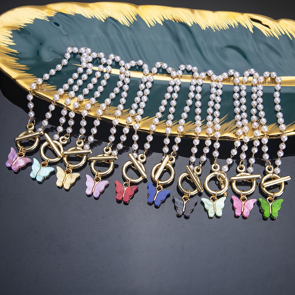 Vòng tay dây xích phối ngọc trai hình bướm phong cách Hàn Quốc