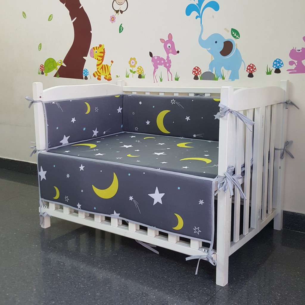 Bộ quây và ga bọc nệm cho cũi gỗ vải cotton hàn, kích thước 70x120cm