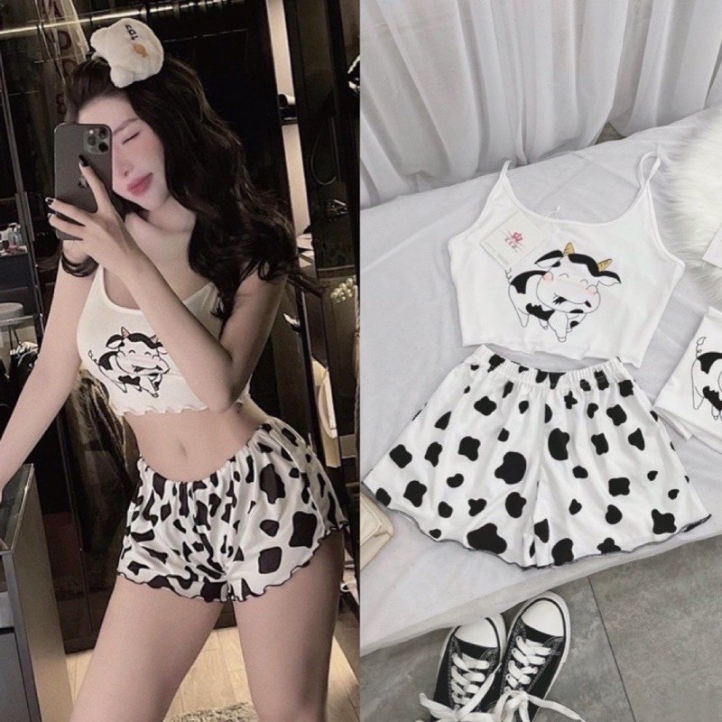 [Rẻ Vô Địch] Bộ Áo Croptop Bò Sữa Quần Đùi 🦋 Set Áo 2 Dây Quần Cộc Nhiều Hình 🦋