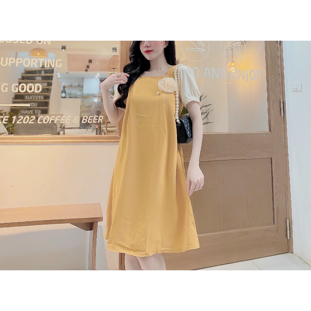 Đầm bầu cổ vuông hoa ngực M317 vải cát hàn thời trang thiết kế Mom and baby