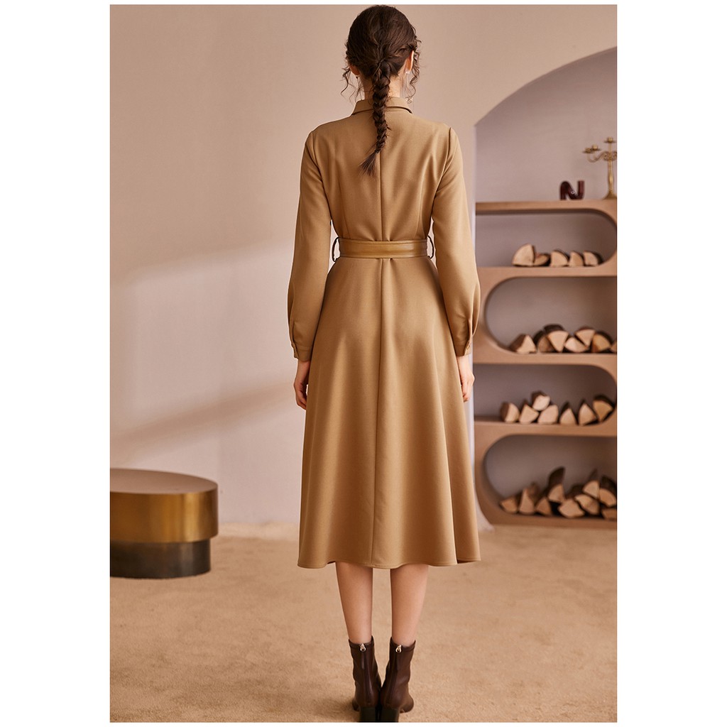 Đầm xòe kem cổ sơ mi kèm đai eo màu kem tay dài