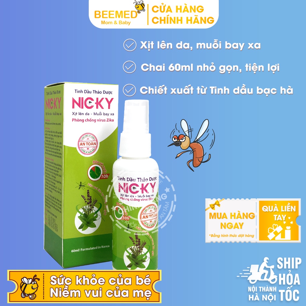 Xịt đuổi muỗi Nicky từ thảo dược, cho bé từ sơ sinh, chống muỗi đốt, làm dịu da chai 60ml từ bạc hà, sả chanh