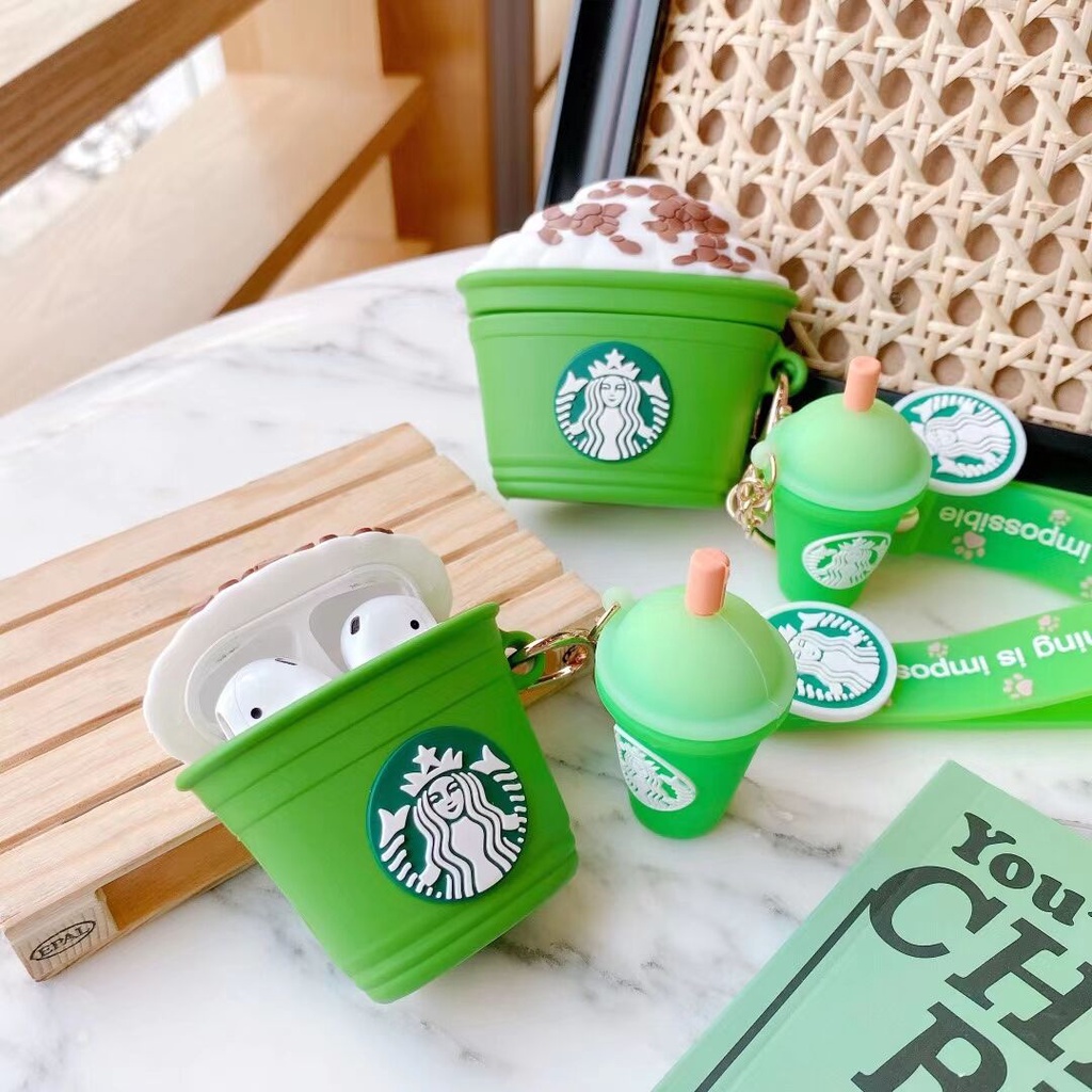 Vỏ Bảo Vệ Hộp Sạc Tai nghe không dây Airpods 1 / 2 Pro Bằng Silicon Mềm Hình Ly Starbucks 3d Kèm Móc Khóa Ốp